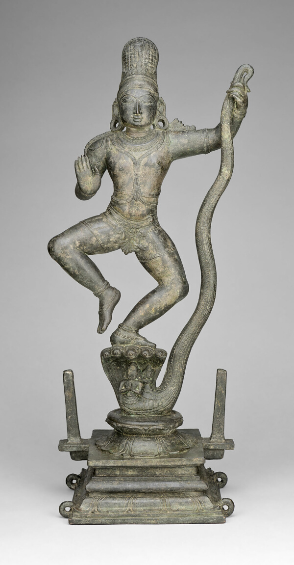 Bronze figure of Krishna dancing on the serpent Kaliya, South India